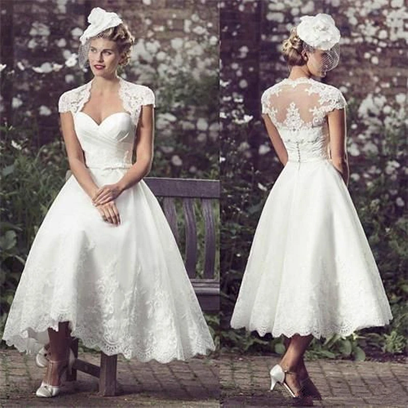 

Vintage Tea-Length A Line Wedding Dress Cape Sleeve Short White Satin Bridal Gown Lace Appliqued Country Garden Robe De mariée
