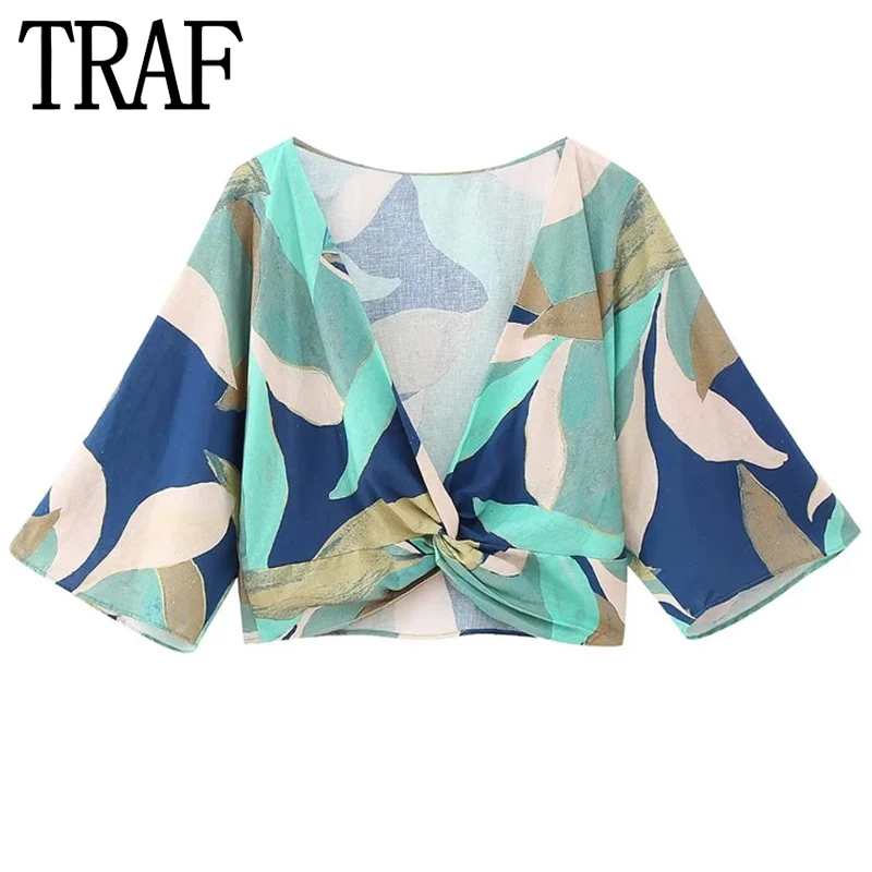 

Укороченный топ с узлом TRAF, женская укороченная летняя блузка с принтом, Женская Модная элегантная Молодежная блузка с рюшами и коротким рукавом, 2023
