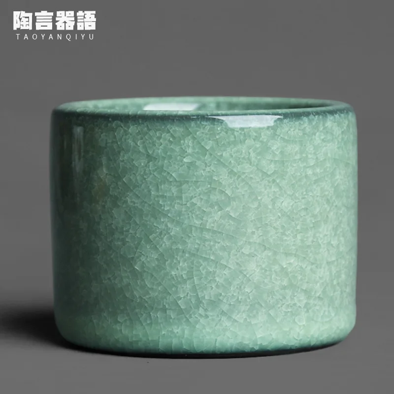 

Raw ore gemstone green ice flower glaze personal tea cup retro pottery Kung Fu straight tea drinking water single cup
