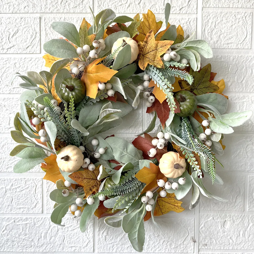 

2023NEW Fall Wreaths for Front Door 45cm Autumn Wreath with Berry Pumpkin Maple Leaves Thanksgiving Harvest Festival Decorations