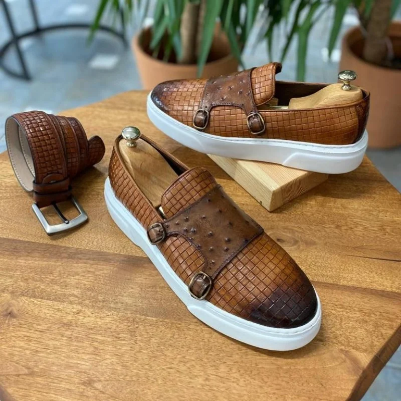 

New Brown Men's Vulcanize Shoes Double Buckle Monk Shoes Black Slip-On Lazy Shoes Handmade Free Shipping Men Casual Shoes