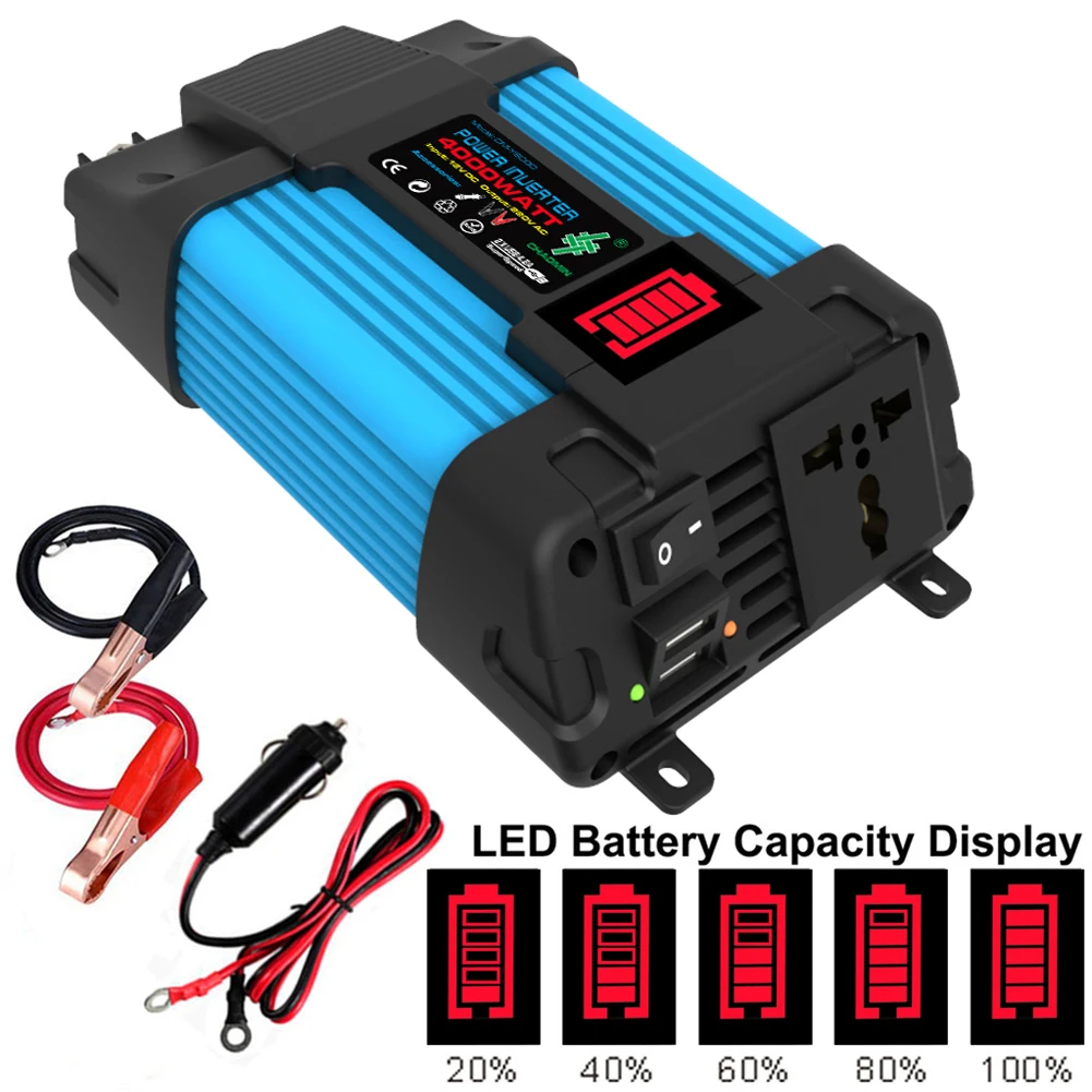 4000W Car Power Inverter DC 12V To AC 110/220V Pure Sine Wave 2 USB Fast Charging LCD Display Battery Clip Transformer Converter
4000W Car Power Inverter DC 12V To AC 110/220V Pure Sine Wave 2 USB Fast Charging LCD Display Battery Clip Transformer Converter