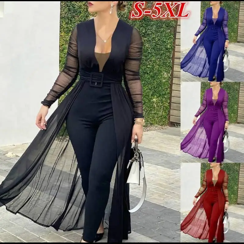 

2022 Women Solid Color V-neck Belted Jumpsuits Skinny Rompers See Through Transparent Long Sleeve Sexy Plus Size Bodysuit Overal