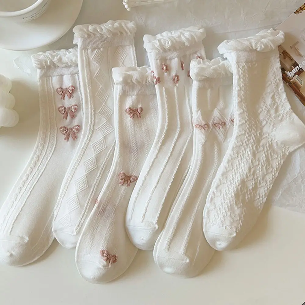 

Women White Socks Frilly Ruffle Lolita Bow Thin Long Socks Cosplay JK Flower Cotton Socks Cute Sweet Girl Gift Stockings