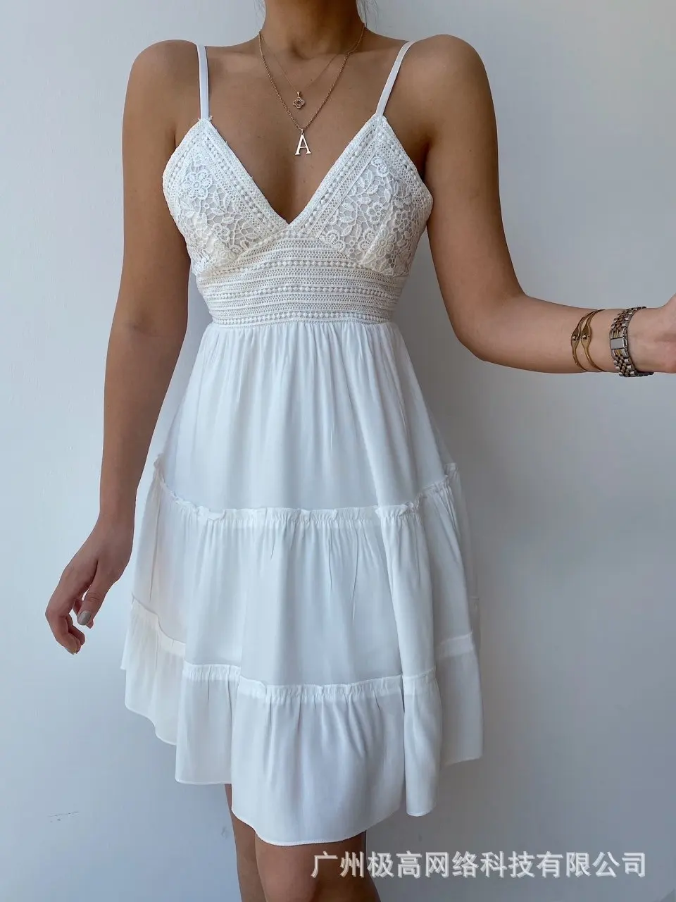 

Women Sleeveless Strap V Neck Knee Length Dress Crochet Lace Tied Detail Backless Cami Dress Summer Spring Party Club