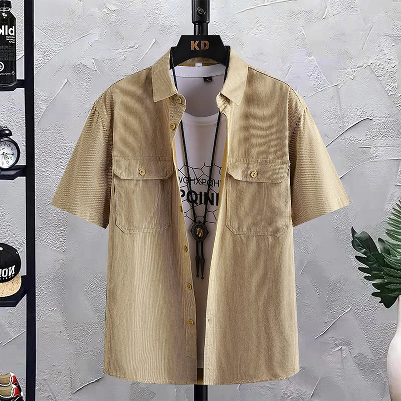 

2023 Summer boutique men's cotton advanced sense fashion all-in-one short-sleeved shirt casual slim handsome shirt Bamboo Fiber