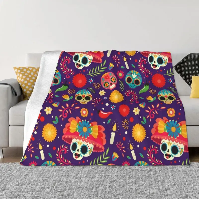 

Day Of The Dead Floral Ultra-Soft Fleece Throw Blanket Warm Flannel Halloween Sugar Skull Blankets for Bed Car Couch Bedspreads