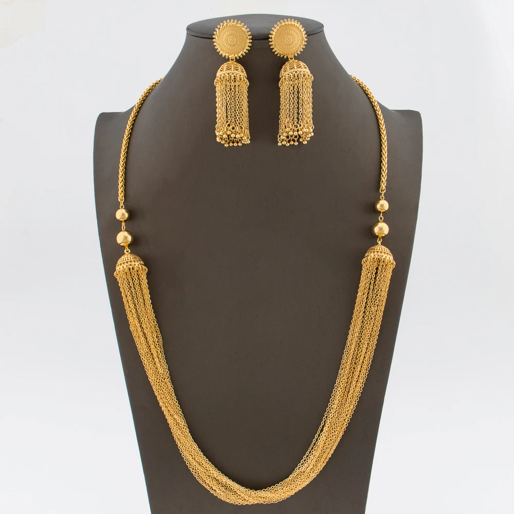 African Jewelry Set for Women 18k Gold Color Drop Earrings and Long Chain Necklace Saudi Arabia Bridal Jewellery Accessories
African Jewelry Set for Women 18k Gold Color Drop Earrings and Long Chain Necklace Saudi Arabia Bridal Jewellery Accessories