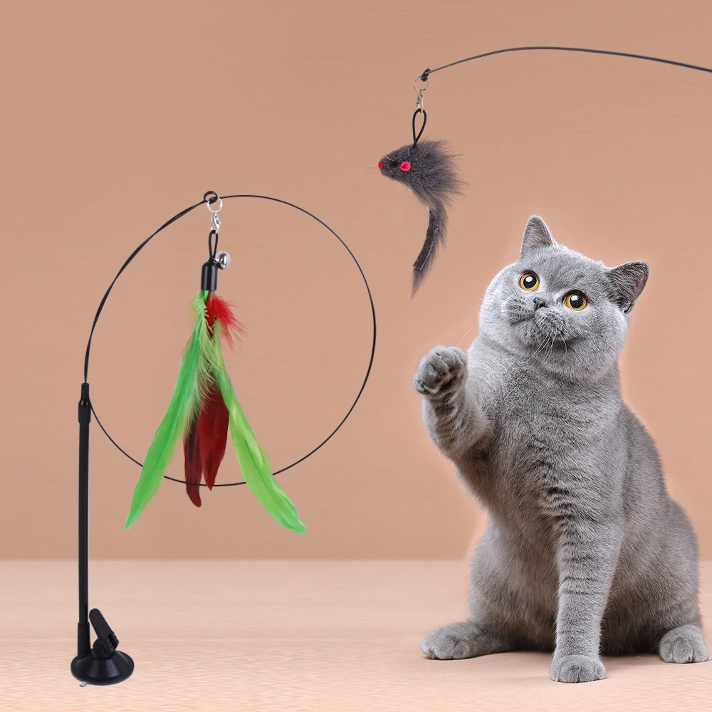 

Interactive Cat Toy Funny Feather Mouse Fish with Bell Sucker Cat Stick Toy for Kitten Playing Teaser Wand Toy Cat Supplies