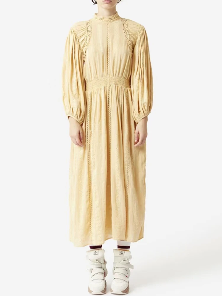 Women Stand Collar Midi Dress Lace Stitching Long Lantern Sleeve Slim Waist Ladies Simple Robes Clothing
Women Stand Collar Midi Dress Lace Stitching Long Lantern Sleeve Slim Waist Ladies Simple Robes Clothing