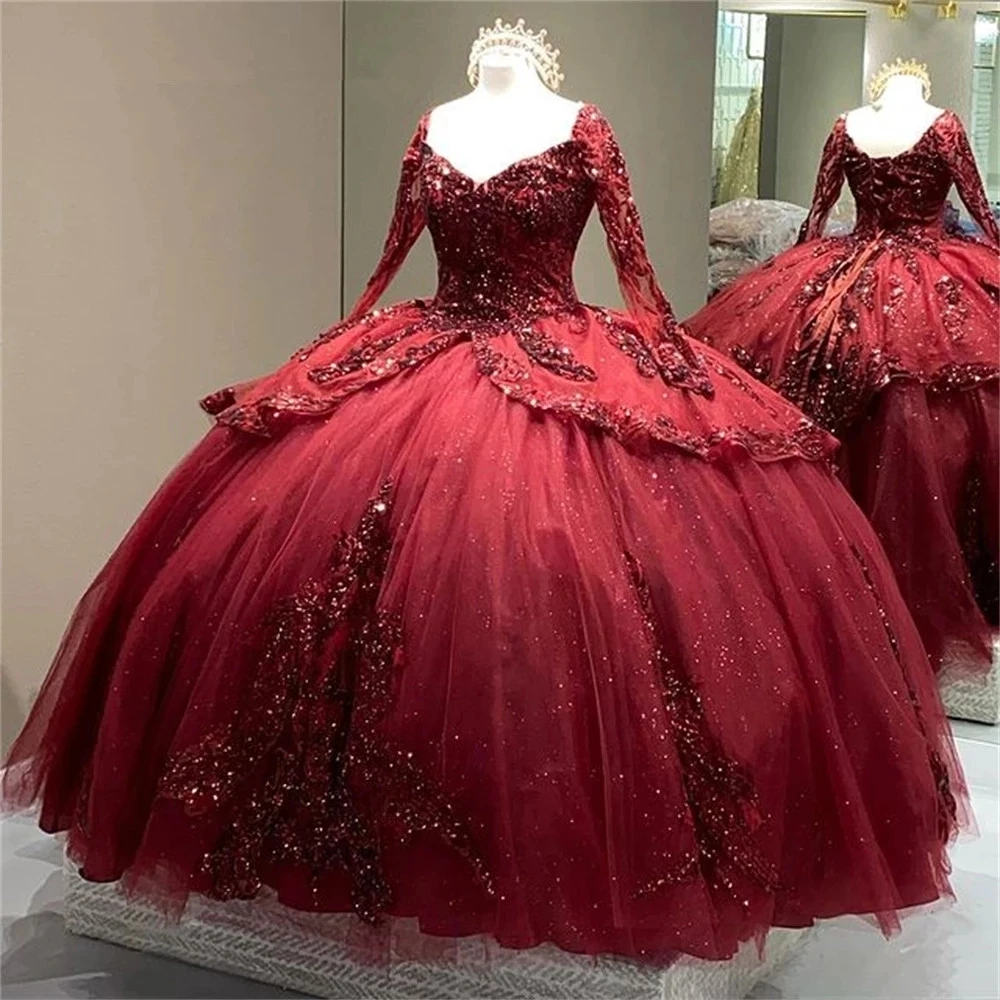 Бальное платье принцессы, платья для Quinceanera 2022, Бордовое платье с блестками и V-образным вырезом, с длинным рукавом, милое вечернее платье для... 
Бальное платье принцессы, платья для Quinceanera 2022, Бордовое платье с блестками и V-образным вырезом, с длинным рукавом, милое вечернее платье для...