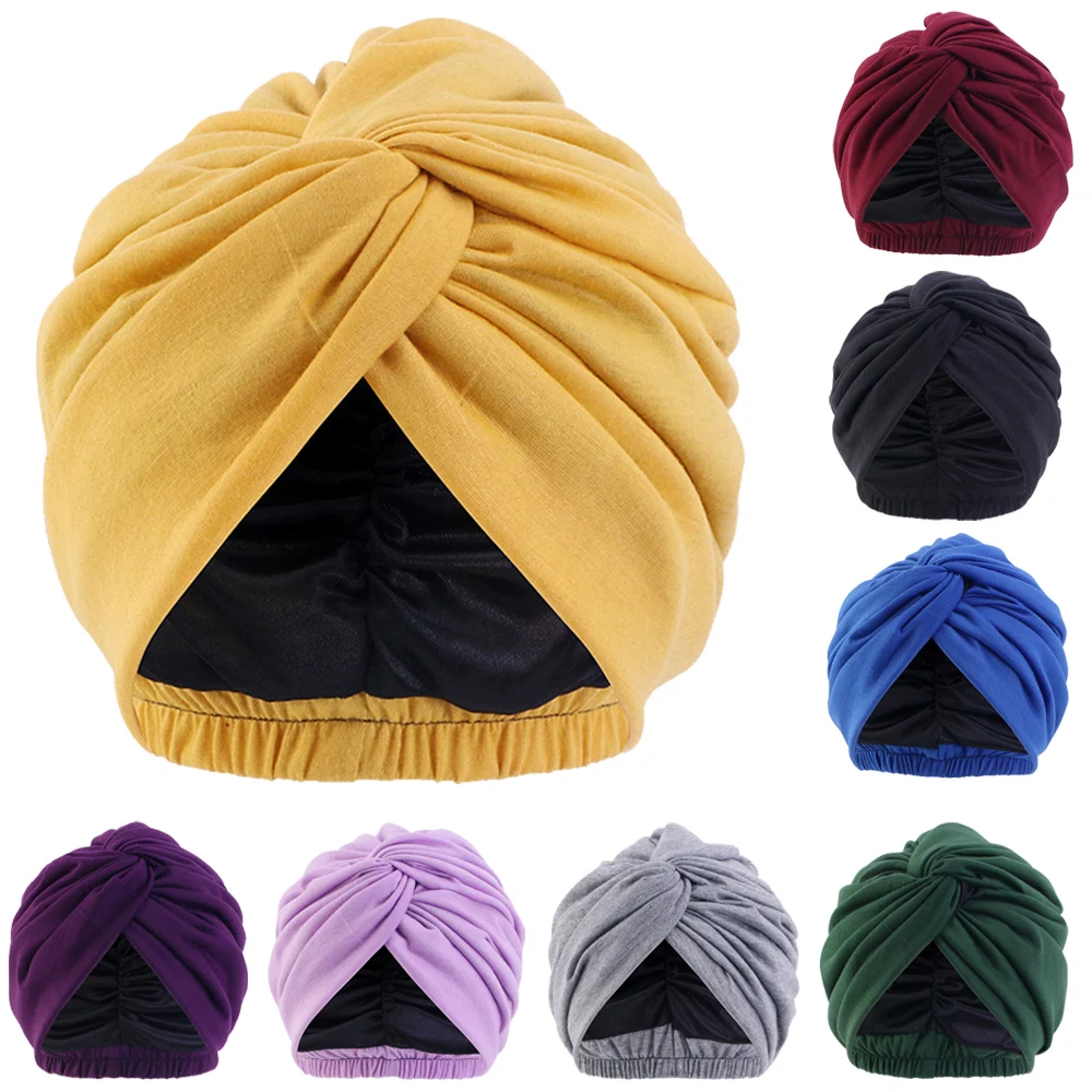 

Satin Lined Turban Twist Knot Pleated Sleep Nightcap Women Muslim Hijab Chemo Cap Beanies Bonnet Elastic Hair Loss Headscarf Hat