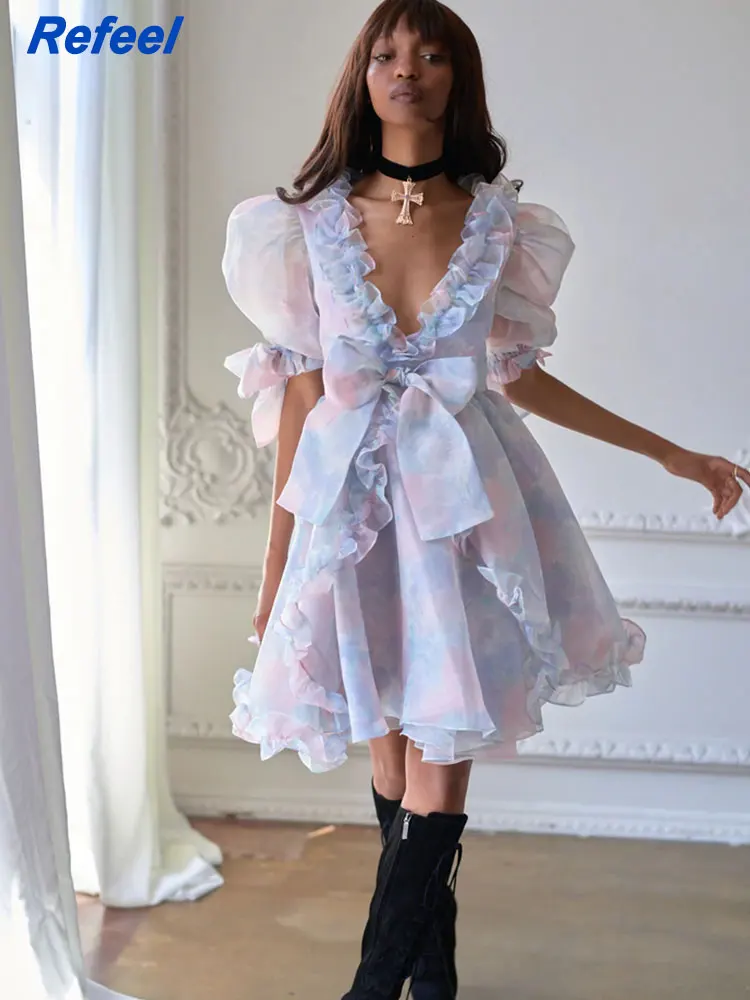 Summer women mini dress v-neck pink bow slim romantic short sleeves A line party organza short dress
Summer women mini dress v-neck pink bow slim romantic short sleeves A line party organza short dress