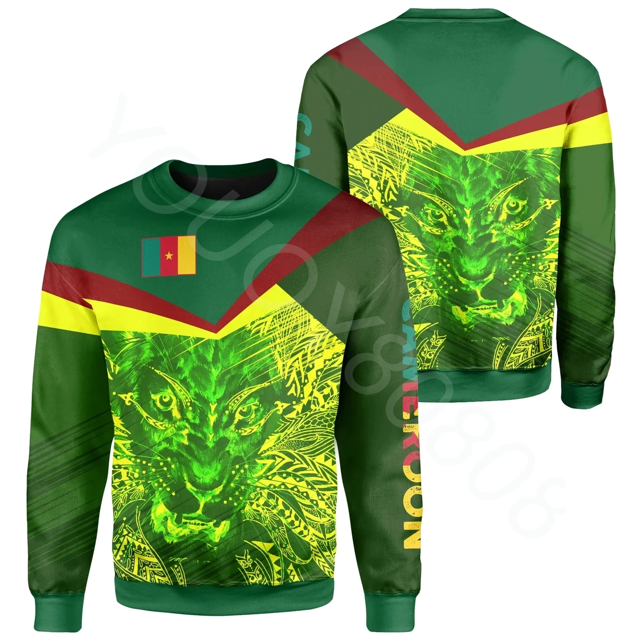 

African Men's Women's Casual Street Sweatshirts Printed Crew Neck Pullover Spring Autumn Long Sleeve Cameroon Lion Sweatshirt