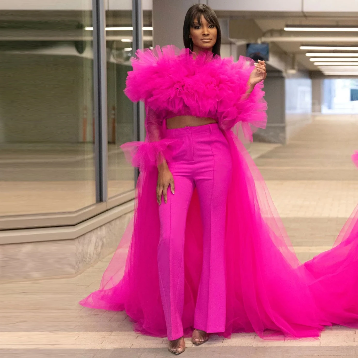 Fashion Hot Pink Women Pant Set To Party See Thru Full Sleeves Ruffles Tulle Blouse With Loose Pant Maxi Women Dress Prom Gowns
Fashion Hot Pink Women Pant Set To Party See Thru Full Sleeves Ruffles Tulle Blouse With Loose Pant Maxi Women Dress Prom Gowns