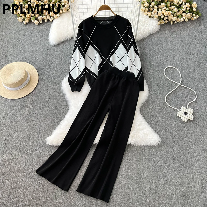 Spring Fall Diamond Plaid Knit Two Piece Sets Women Trend Pullover Tops Suits Korean Knitwear Ankle-length Wide Leg Pants Outfit
Spring Fall Diamond Plaid Knit Two Piece Sets Women Trend Pullover Tops Suits Korean Knitwear Ankle-length Wide Leg Pants Outfit