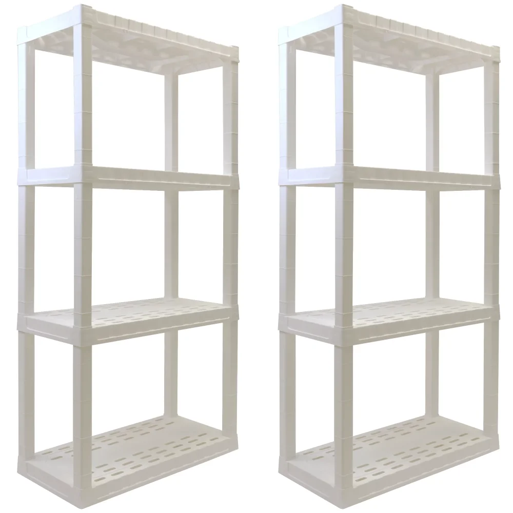 Hyper Tough 56" H x 14" D x 30" W 4 Shelf Plastic Garage Shelves, Pack of 2 Storage Shelving, White 400 lbs Capacity 
Hyper Tough 56" H x 14" D x 30" W 4 Shelf Plastic Garage Shelves, Pack of 2 Storage Shelving, White 400 lbs Capacity