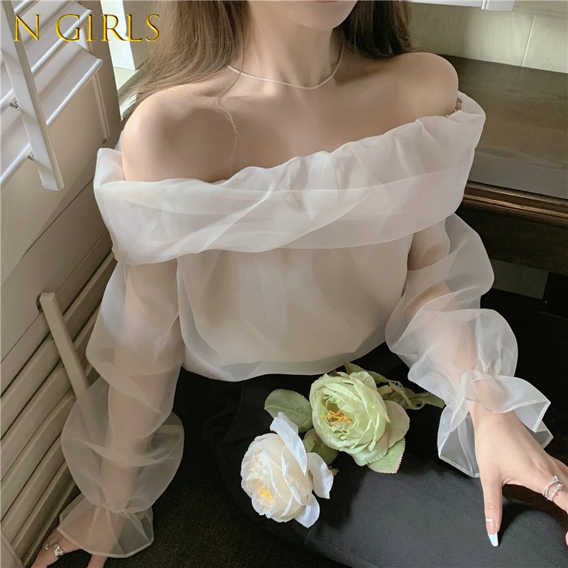 

N GIRLS Shirt Korean Fashion Slash Neck Patchwork Thin Gauze Long Sleeve Blusas Off Shoulder Y2k Sexy Camisas Pullover Blouses