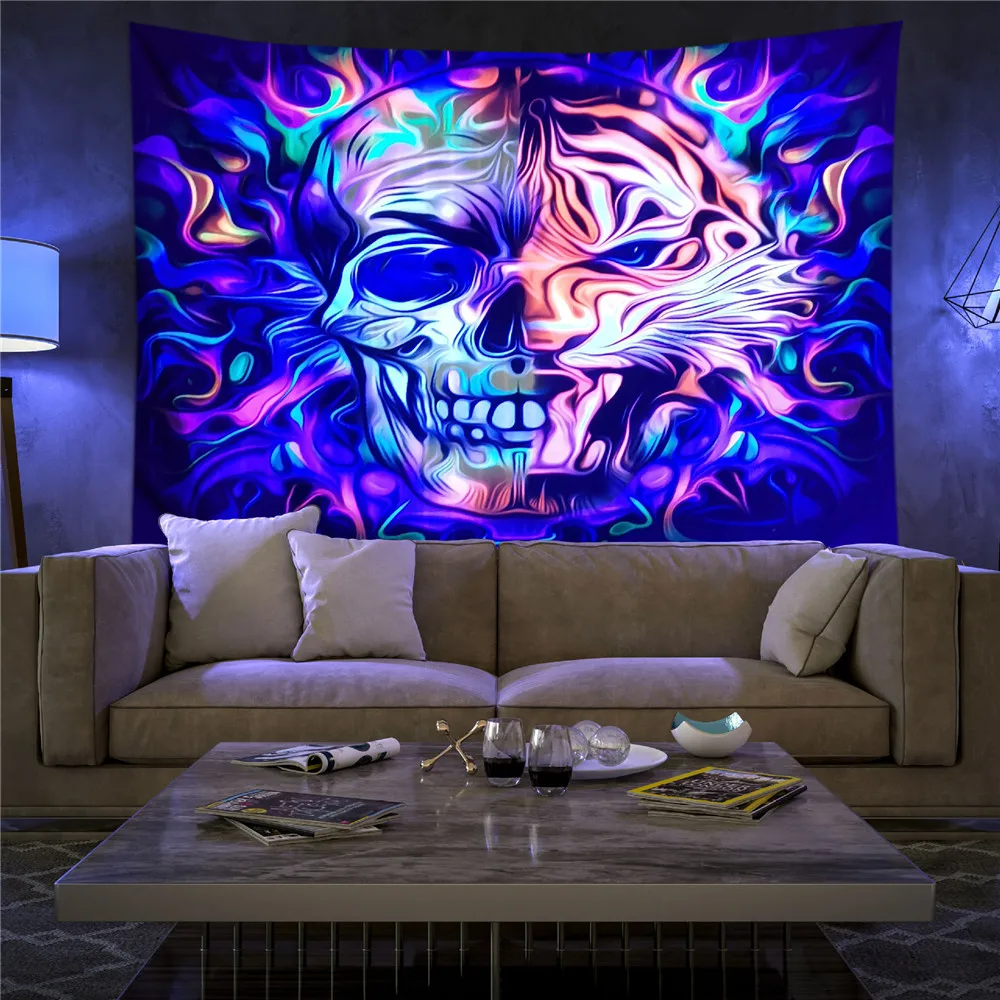 

Psychedelic Skull Fluorescent Tapestry Glow Under Ultraviolet Light Mushroom Wall Hanging Cloth Hippie Decor Home Room Aesthetic