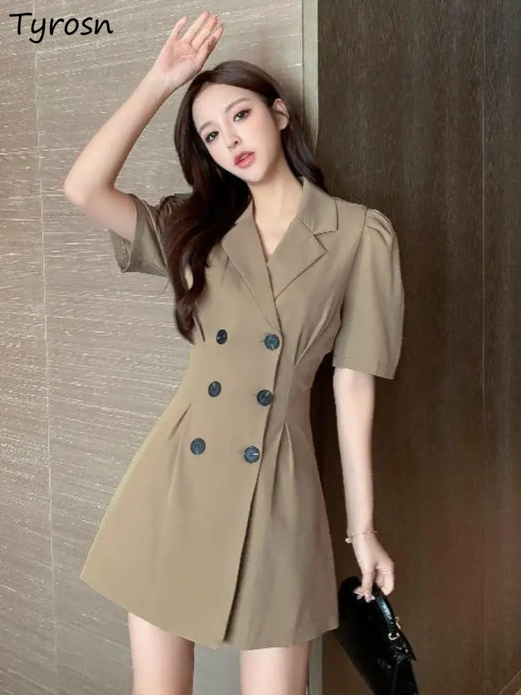 

Dresses Women Simple Solid Casual Daily Elegant Summer Notched Ladies Sweet Design Folds Korean Style Empire Mini Fashion Tender