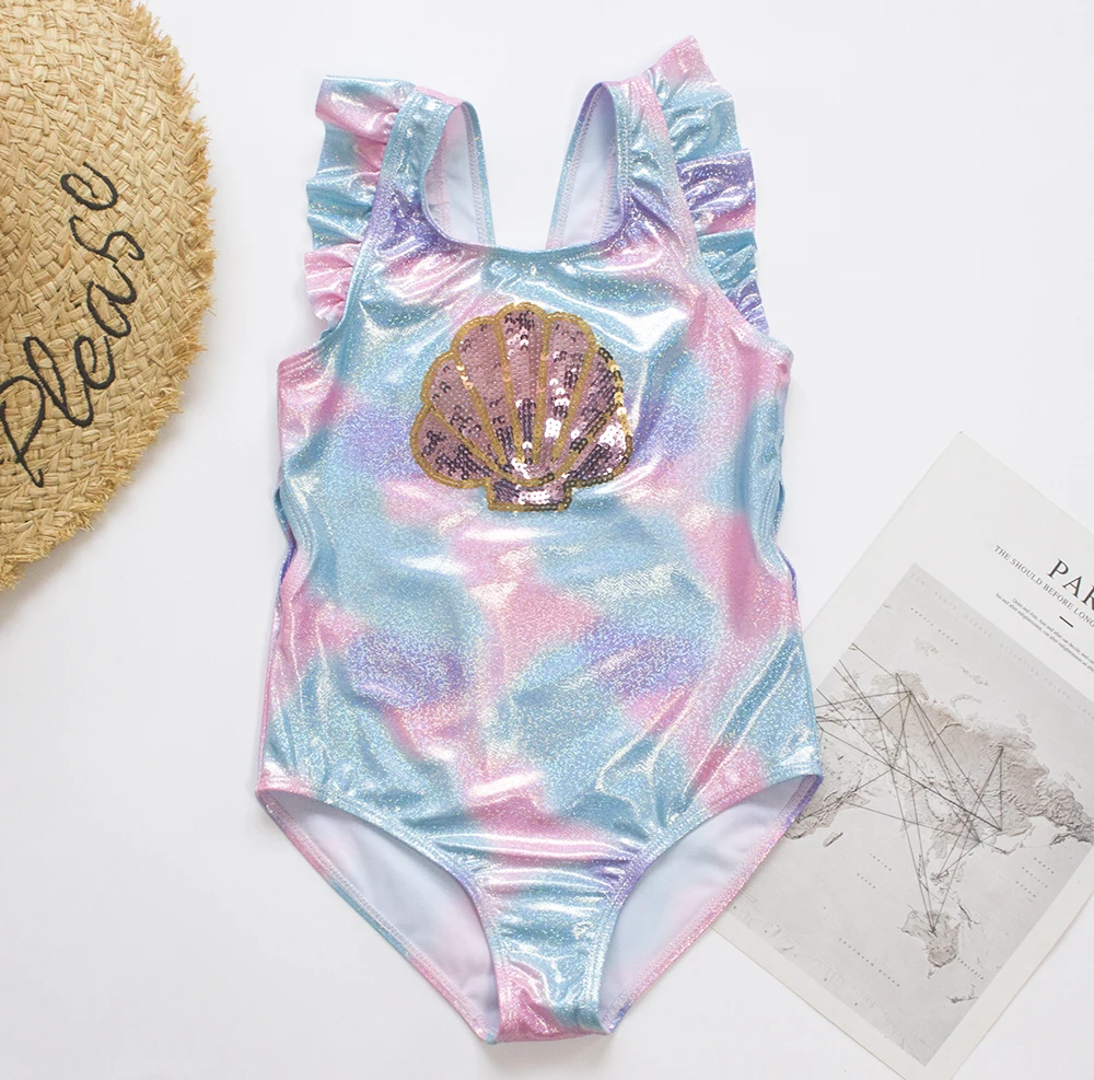 

Ruffle Tie-dyed Child Girls Kids Swimwear Swimsuit 2022 Shell Embroidery Hollow Baby Children One Piece Swimsuits Baby Monokini