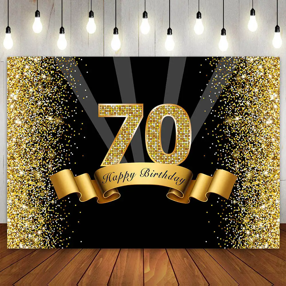 

Happy 70th Birthday Party Decoration Backdrop Photography Background for Men Women Black Gold Seventy 70 Years Old Banner Poster