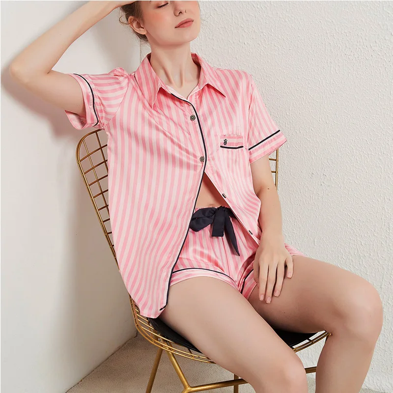 Sexy Silk Satin Sleepwear Cute stripe Print Pajamas Sets For Women Short Sleeve Pink Pijama Female Nightwear
Sexy Silk Satin Sleepwear Cute stripe Print Pajamas Sets For Women Short Sleeve Pink Pijama Female Nightwear
