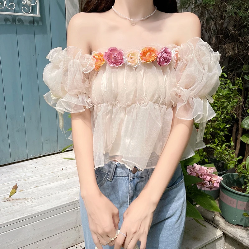 Sexy Chiffon Shirt Women French Flower Design Puffy Sleeves Strapless Short Blouse Ladies Summer New Crop Tops
Sexy Chiffon Shirt Women French Flower Design Puffy Sleeves Strapless Short Blouse Ladies Summer New Crop Tops