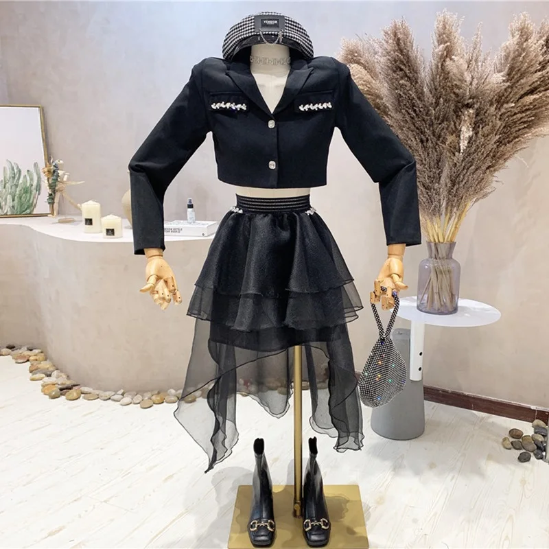 

2023New Women Blazers юбка, комплект из двух предметов, элегантный женский укороченный костюм со стразами, пальто с асимметричной многослойной юбкой в сеточку