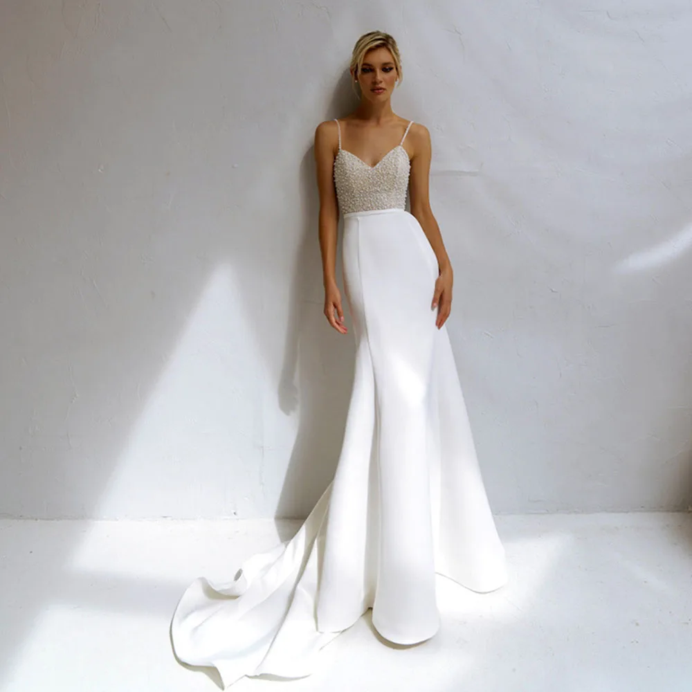 2022 Beded Pearl Sheath Mermaid Wedding Dresses Spaghetti Straps Sweatheart Satin Bridal Gowns Robe De Mariee Civil For Women
2022 Beded Pearl Sheath Mermaid Wedding Dresses Spaghetti Straps Sweatheart Satin Bridal Gowns Robe De Mariee Civil For Women