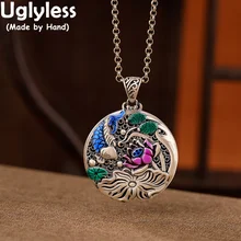 Uglyless Mysterious Oriental Flavor Lotus Pond Ethnic Jewelry Women Real 999 Silver Lotus Leaf Fish Pendants Necklaces NO Chains