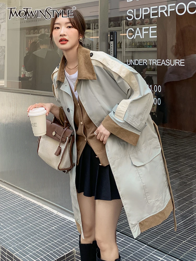 TWOTWINSTYLE Colorblock Patchwork Belted Coats For Women Lapel Long Sleeve Loose Casual Windbreaker Female 2022 Autumn Clothing
TWOTWINSTYLE Colorblock Patchwork Belted Coats For Women Lapel Long Sleeve Loose Casual Windbreaker Female 2022 Autumn Clothing