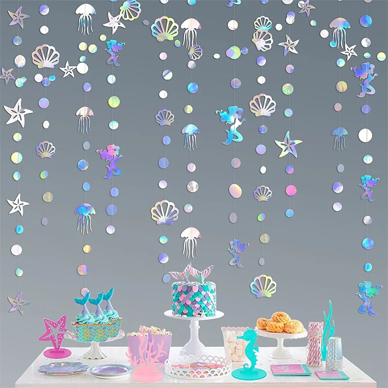 Mermaid Garland with Jellyfish Seashell Starfish Pearl Holographic Paper Streamer for Birthday Baby Shower Party Decorations
Mermaid Garland with Jellyfish Seashell Starfish Pearl Holographic Paper Streamer for Birthday Baby Shower Party Decorations