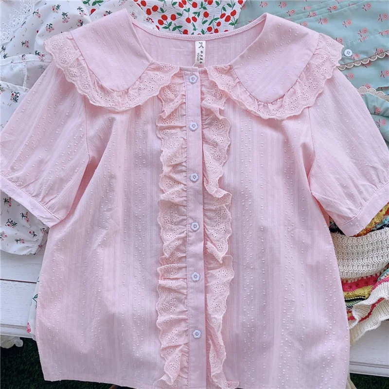 Japanese Lolita Style Pink Blouses Women Sweet Lace Peter Pan Collar Short Sleeve Shirts Girly Kawaii Loose Solid Cotton Blouse
Japanese Lolita Style Pink Blouses Women Sweet Lace Peter Pan Collar Short Sleeve Shirts Girly Kawaii Loose Solid Cotton Blouse