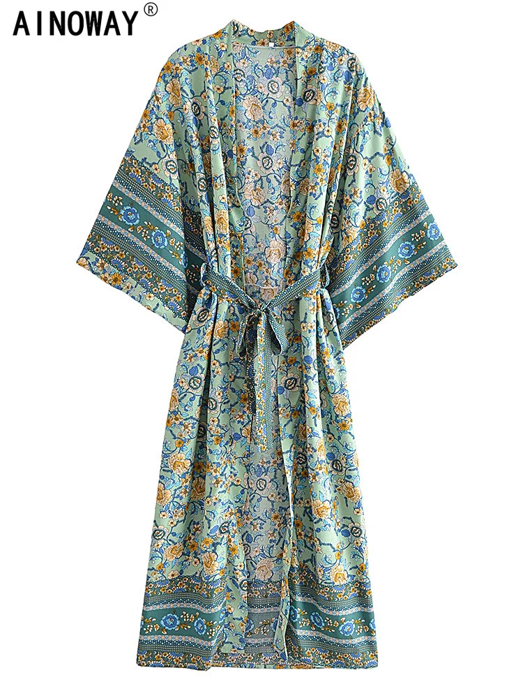 Женское винтажное богемное платье-кимоно с V-образным вырезом и цветочным