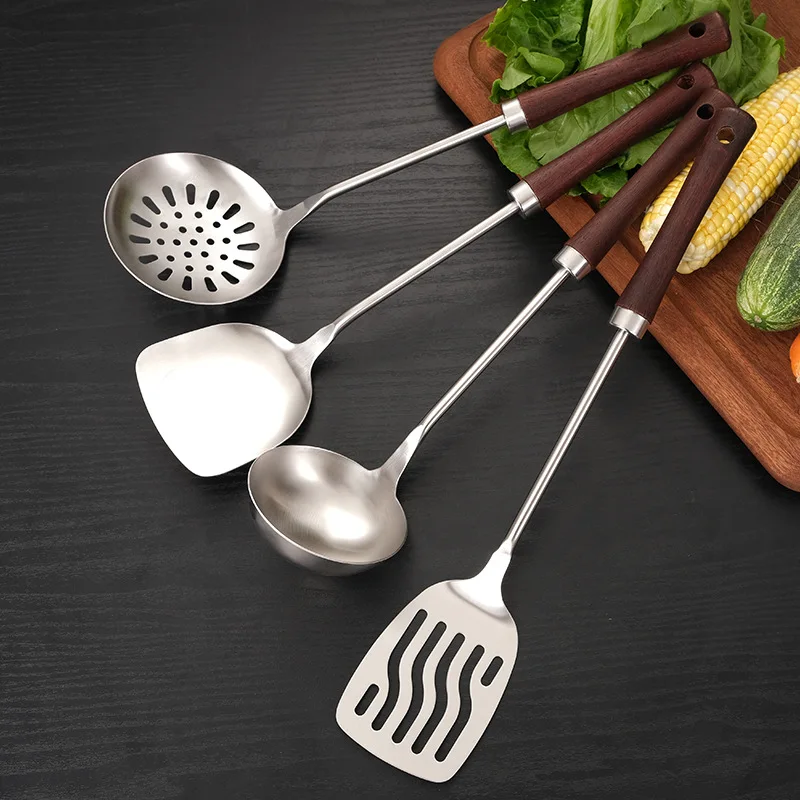 

Wooden Handle Stainless Steel Soup Spoon Colander Spatula Frying Shovel Home Kitchenware Kitchen Accessories Cooking Utensils