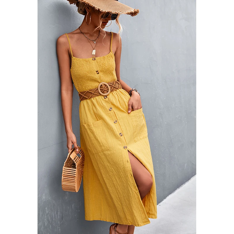 

Women's Casual Beach Summer Dress Solid Cotton A-Line Frill Trim Shirred Bandeau Strap Button Down Midi Pocket Sundress