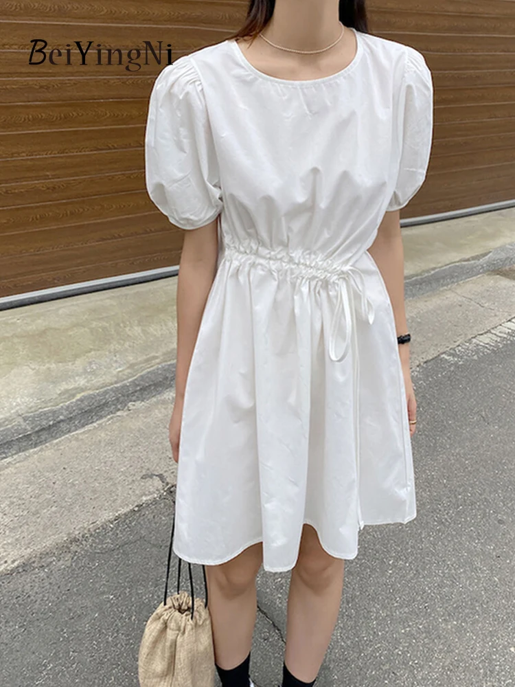 

Beiyingni Summer Korean Mini Dress Women Chic Casual Loose Puff Sleeve Slim O-neck Short Dresses Girls Drawstring Vestidos 2023