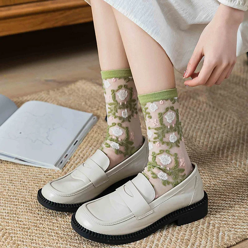

Женские шелковые носки с цветами и кристаллами, японские эластичные сетчатые длинные носки средней длины с кружевом, летние ультратонкие прозрачные милые носки