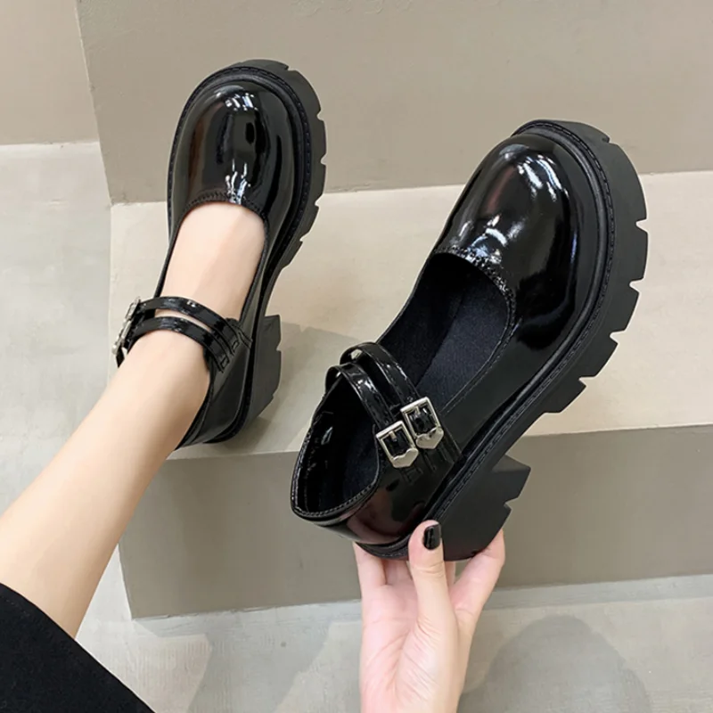 

Rimocy Patent Leather Platform Mary Jane Shoes Women Buckle Strap Square Heeled Pumps Woman Round Toe Thick Bottom Mary Janes