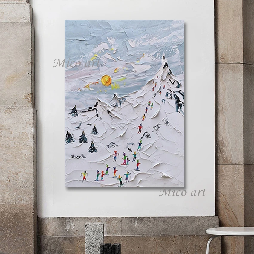 

SKi People Art Abstract Acrylic Oil Painting Cheap Canvas Artwork Palette Knife Style Picture Landscape Wall Decoration Unframed
