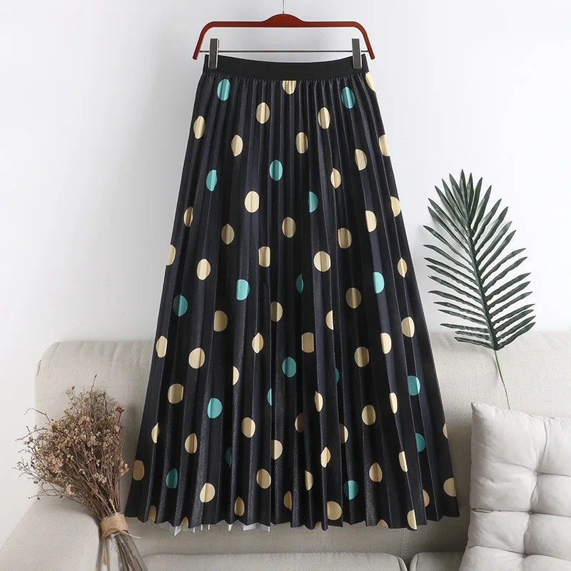 

2022 New Women Summer Pleated Skirt High Waisted Polka Dot Print Chic Retro Long Mid-Calf Skirts Female A-Line Jupe Femme