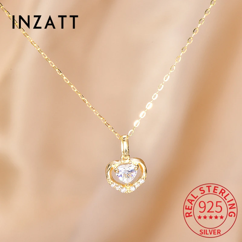 

INZATT Real 925 Sterling silver Zircon Heart 18k Gold Chain Choker Necklace For Women Wedding Cute Fine Jewelry Accessories