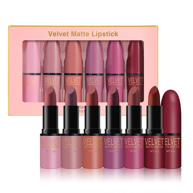 

LANGMANNI 6 Colors/Box Nude Velvet Lipstick Kit Lips Makeup Cosmetics Cream Matte Lip Stick Set Waterproof Silky Lip Balm Pencil