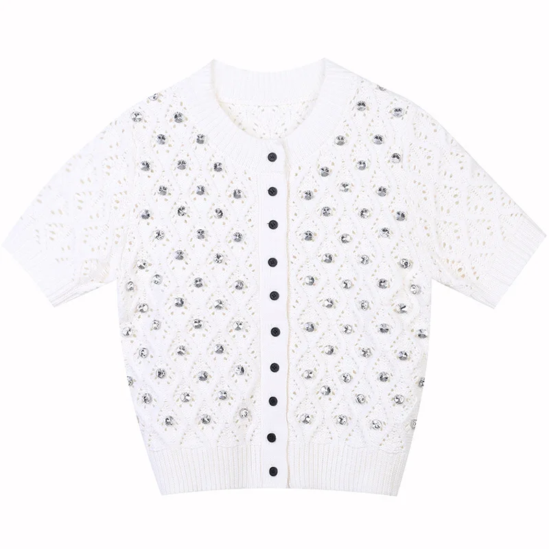 Early Spring New Products Women's Short Sleeve round Neck Exquisite Rhinestone Hollow Slim White Knitted Fabric Cardigan Jacket
Early Spring New Products Women's Short Sleeve round Neck Exquisite Rhinestone Hollow Slim White Knitted Fabric Cardigan Jacket