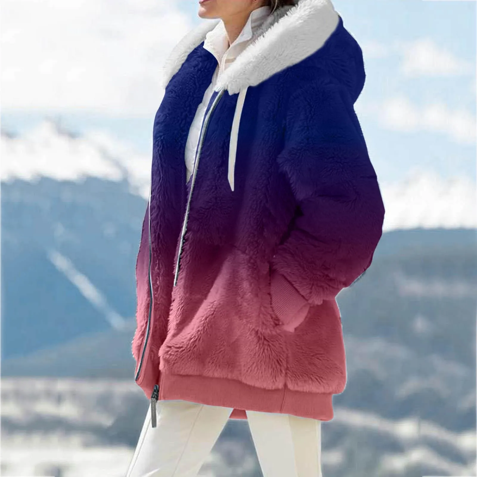

Женский плюшевый пуховик с градиентом, женская зимняя теплая куртка на молнии с длинным рукавом, утепленная хлопковая куртка с капюшоном