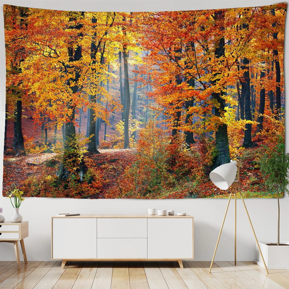 

Autumn Forest Orange Tapestry Wall Hanging Sunlight Decorative Wall Carpet Bohemian Large Mandala Indian Polyester Thin Blanket