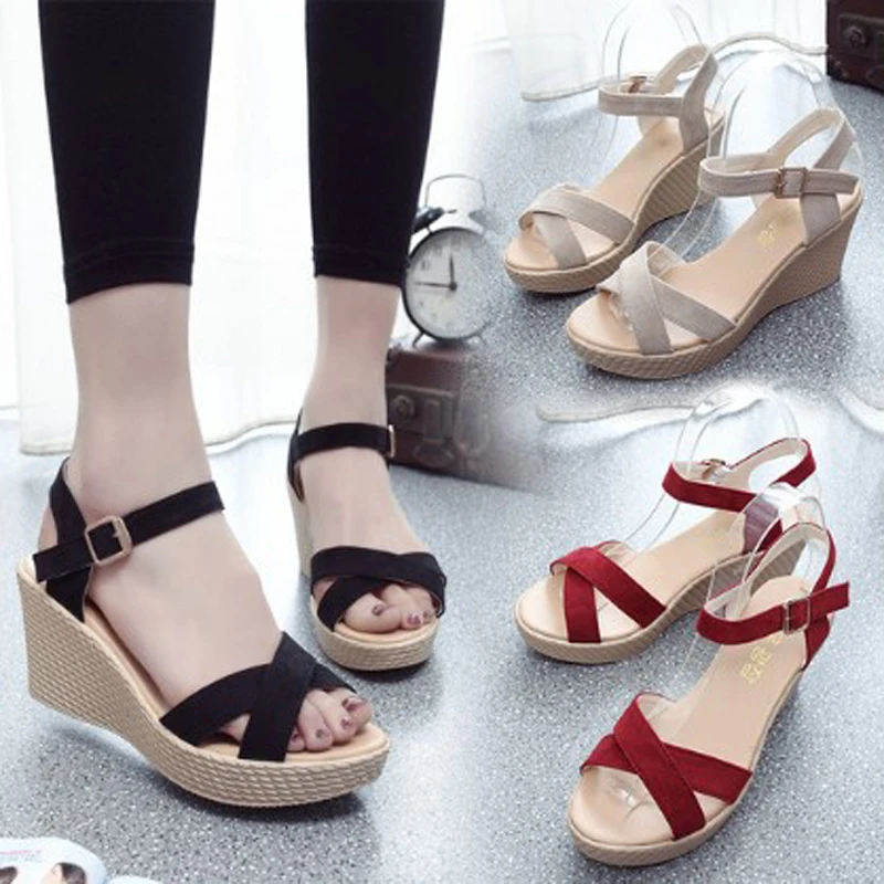 

2023 Summer Women's Modern Sandals Casual Shoes Ladies Muffin Bottom Weaving Wedges Suede Buckle Leisure Daily Wear Concise