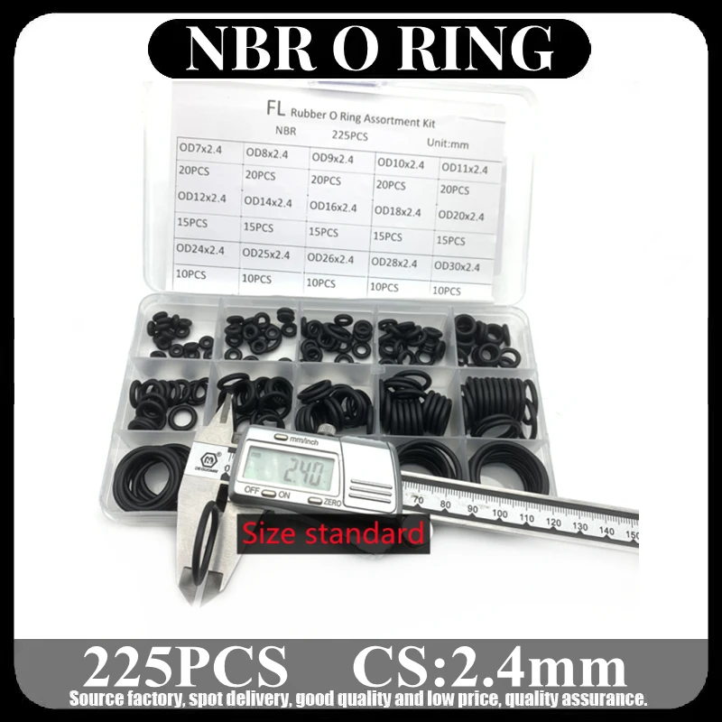 225pcs/Box Rubber O Ring Thickness2.4mm Assortment Black O-Ring Seals Set Nitrile Washers High Quality For Car Gasket 15 Sizes
225pcs/Box Rubber O Ring Thickness2.4mm Assortment Black O-Ring Seals Set Nitrile Washers High Quality For Car Gasket 15 Sizes