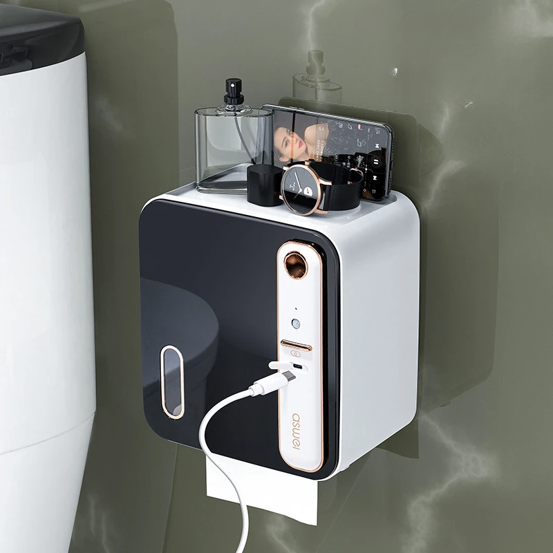 Wall mounted induction aromatherapy toilet tissue box roll paper storage rack non perforated bathroom accessories tissue holder 
Wall mounted induction aromatherapy toilet tissue box roll paper storage rack non perforated bathroom accessories tissue holder